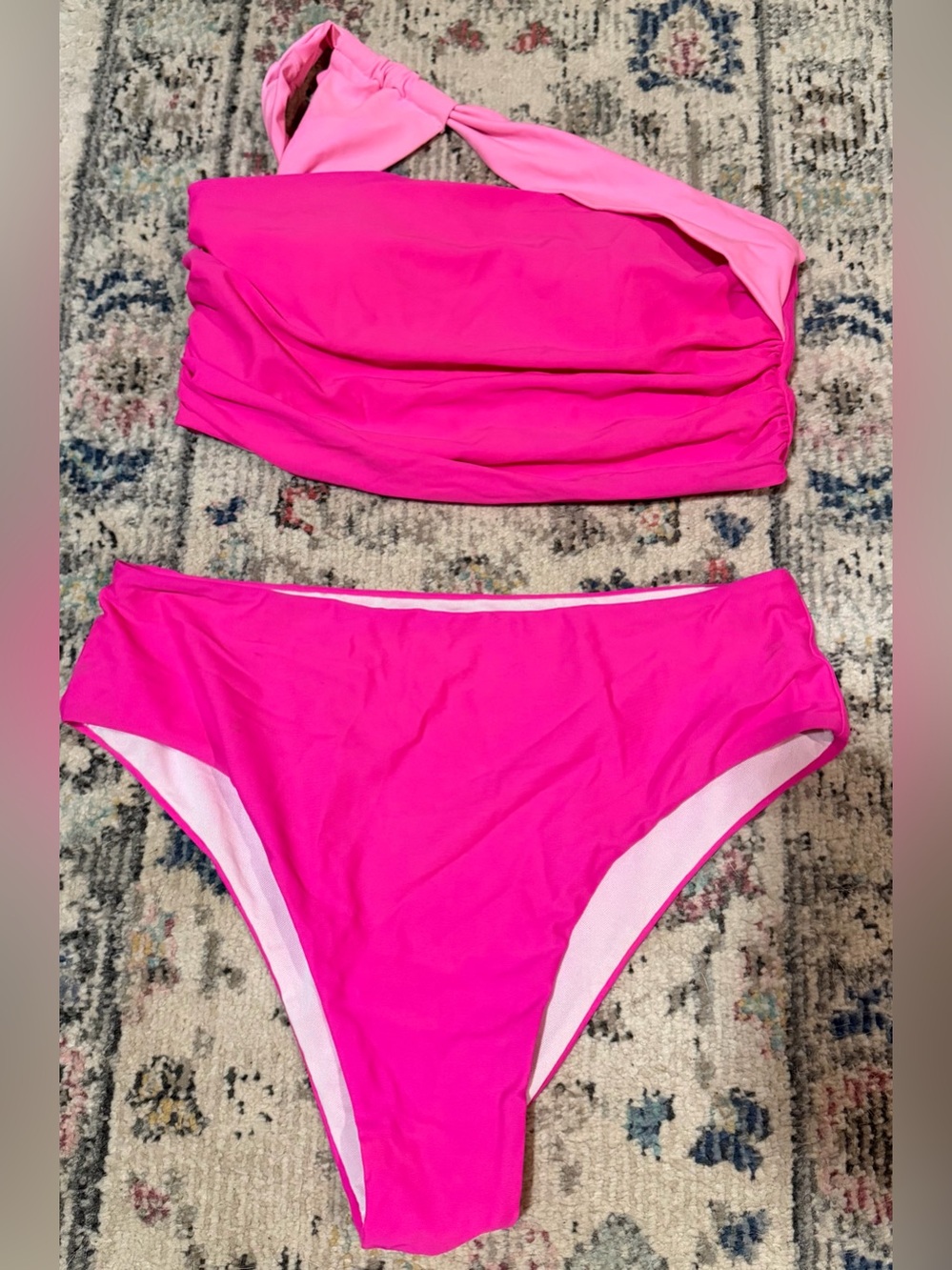 SHEIN Hot Pink One-Shoulder Bandeau Bikini Set